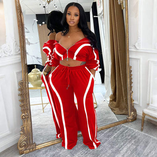 Contrast-color Long-sleeve Cardigan Sports-style Two-piece Set, Fashionable And Casual